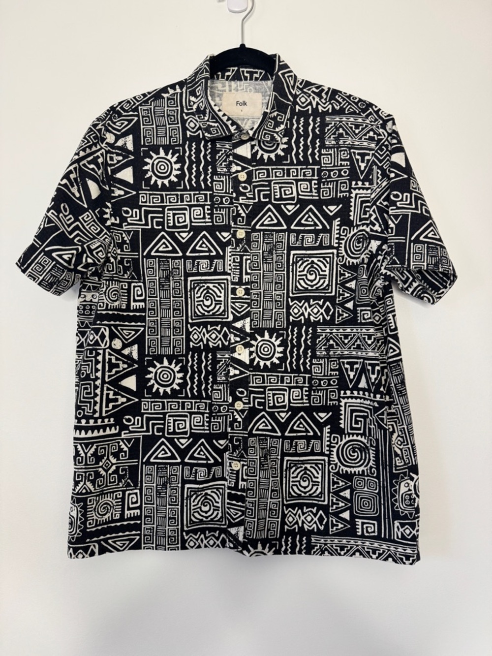Folk Gabe Shirt Tribal Motifs Short Sleeve Button Down Top Sz S